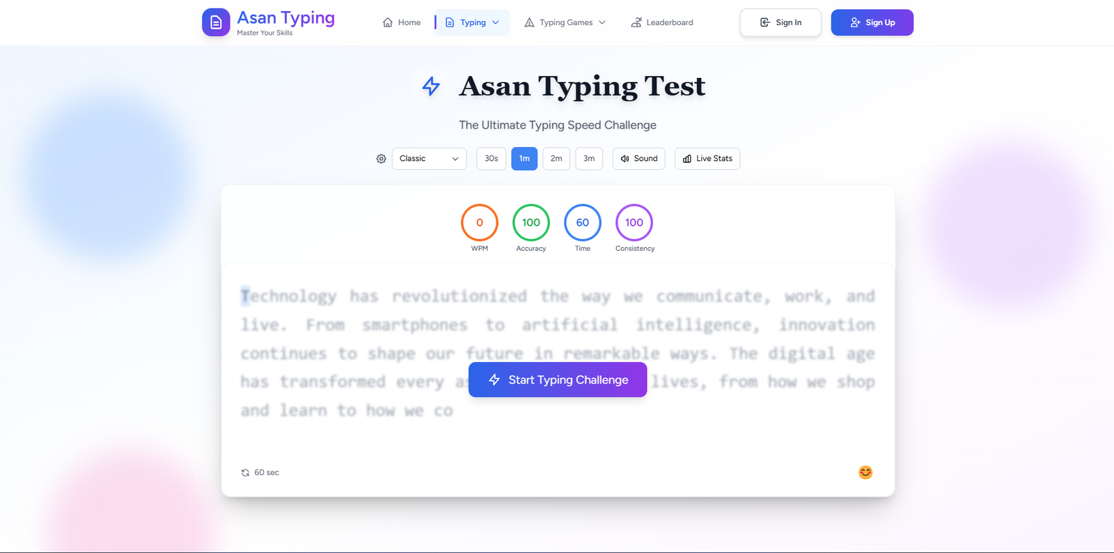 Asan Typing Test - Advanced speed and accuracy testing with detailed metrics